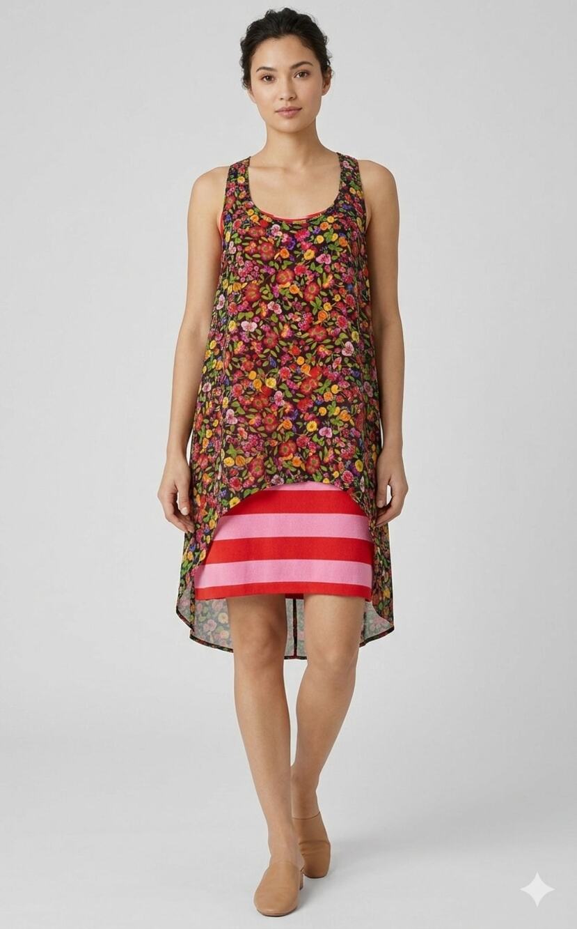 Josie Natori Womens Floral Striped Mini Tank Dress Size Small New Pink Red